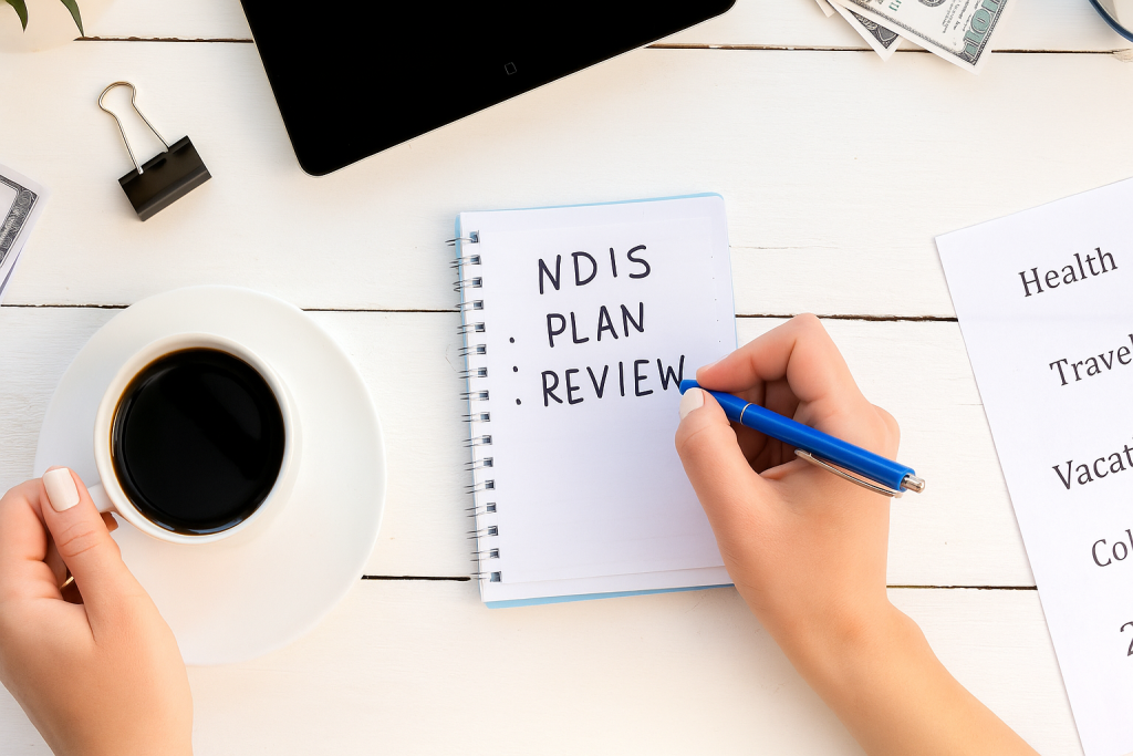 NDIS plan review meeting with participant reviewing goals and supports