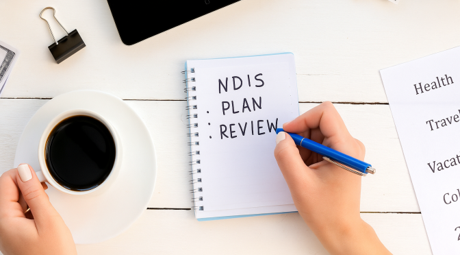 NDIS plan review meeting with participant reviewing goals and supports