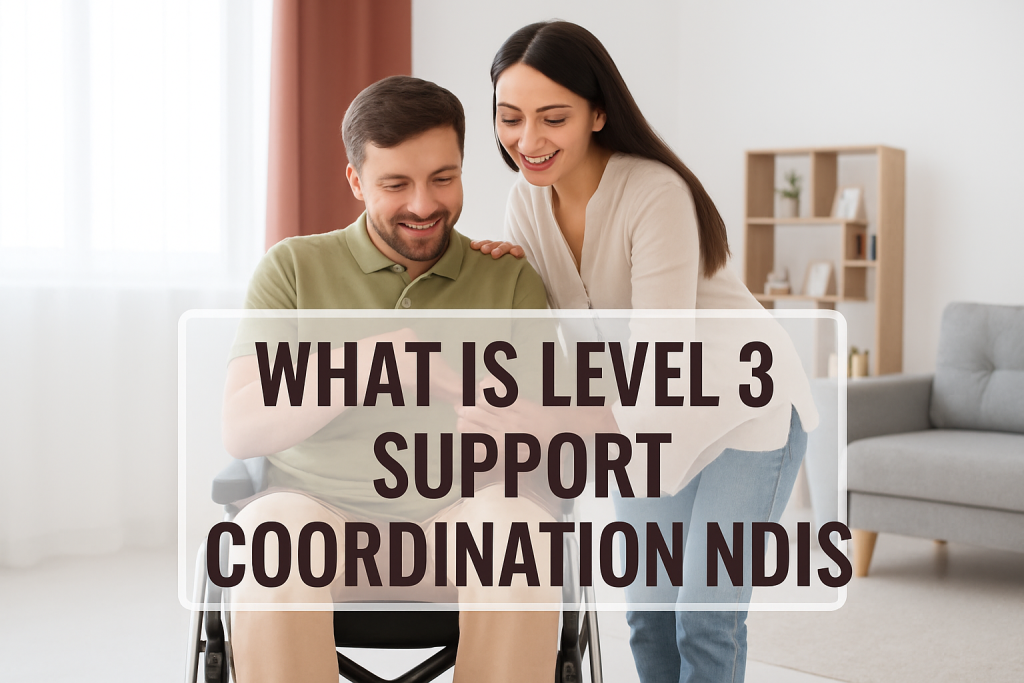 Support coordinator assisting a man in a wheelchair while discussing Level 3 NDIS Support Coordination on a phone