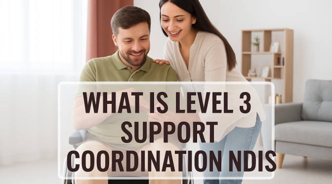 Support coordinator assisting a man in a wheelchair while discussing Level 3 NDIS Support Coordination on a phone